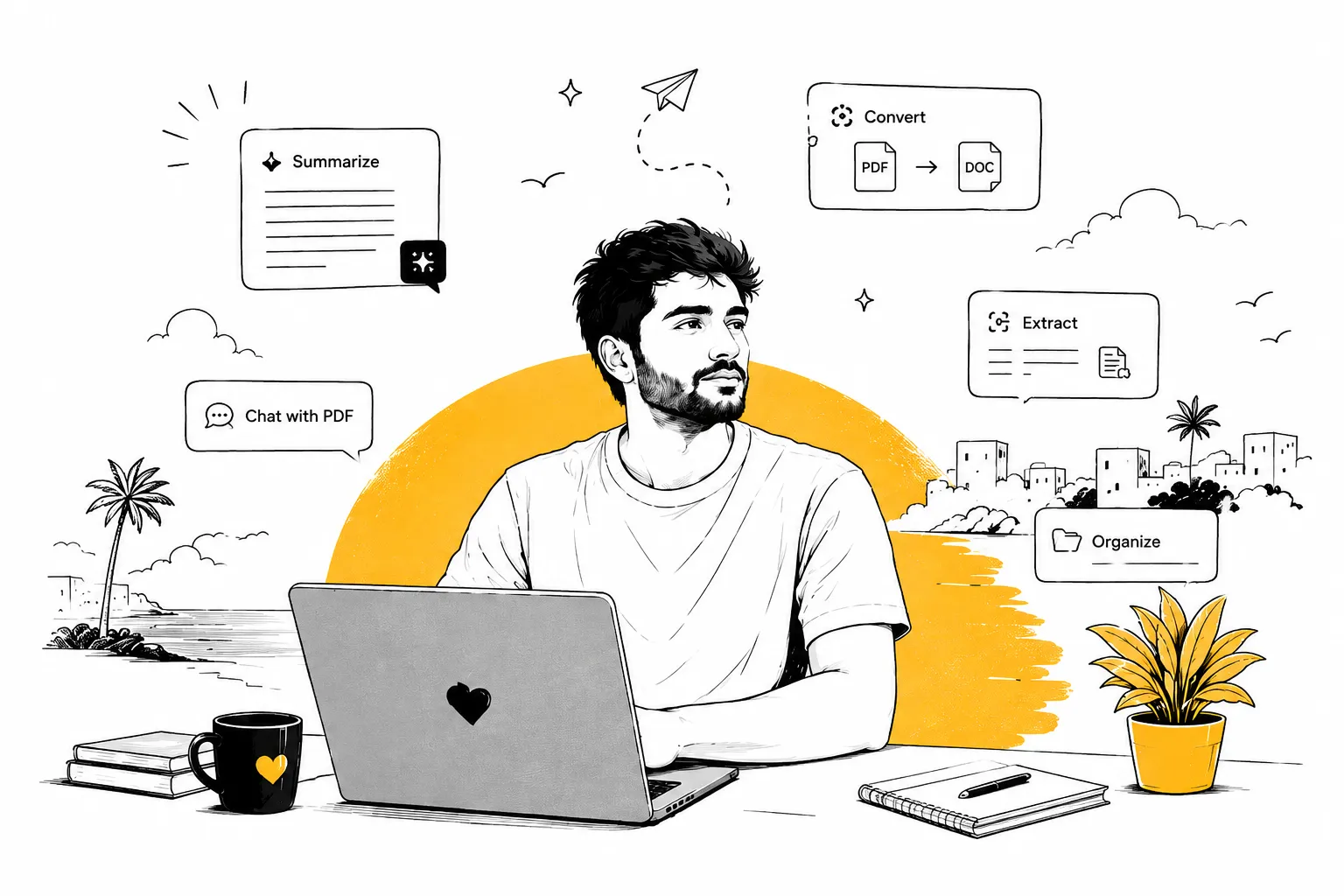 Illustration: a person at a laptop surrounded by PDF tool chips — Chat with PDF, Summarize, Convert, Extract, Organize